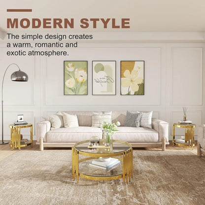 MKDK 3 Piece Glass Coffee Table Set With End Tables Stainless Steel Frames