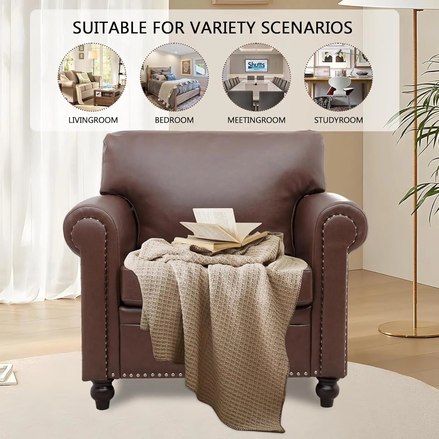 Brown Faux Leather Chair，Mid Century Modern Accent Chair Set for Office Bedroom Living Room with Deep Seats Detachable Cushions