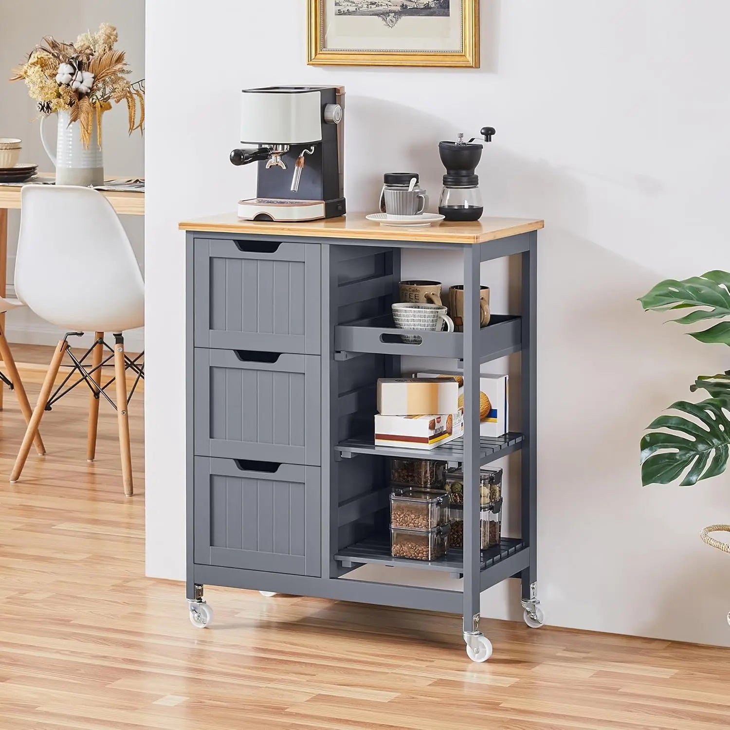 Kitchen Island Cart on Wheels, Rolling Storage Cart with Bamboo Countertop, 3 Drawers, 3 Removable Shelves &amp; Lockable Casters