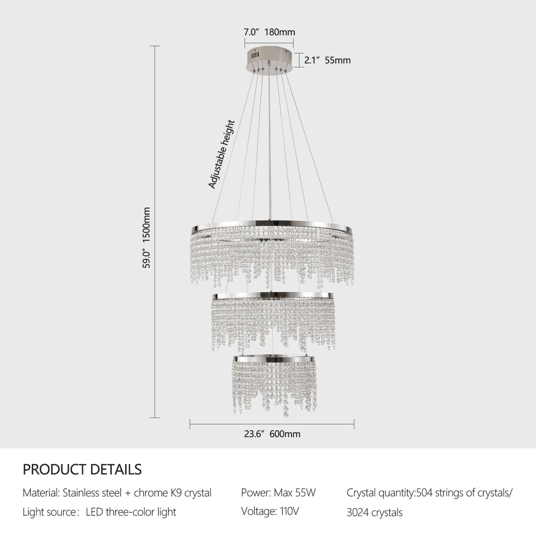 23.6-inch Crystal Chandelier, Dimmable Led Ceiling Lamp, Adjustable Color Temperature 3000K/4000K/6000K, Height Adjustable, Luxury Round Chandelier, Suitable for Living Room, Dining Room, Bedroom
