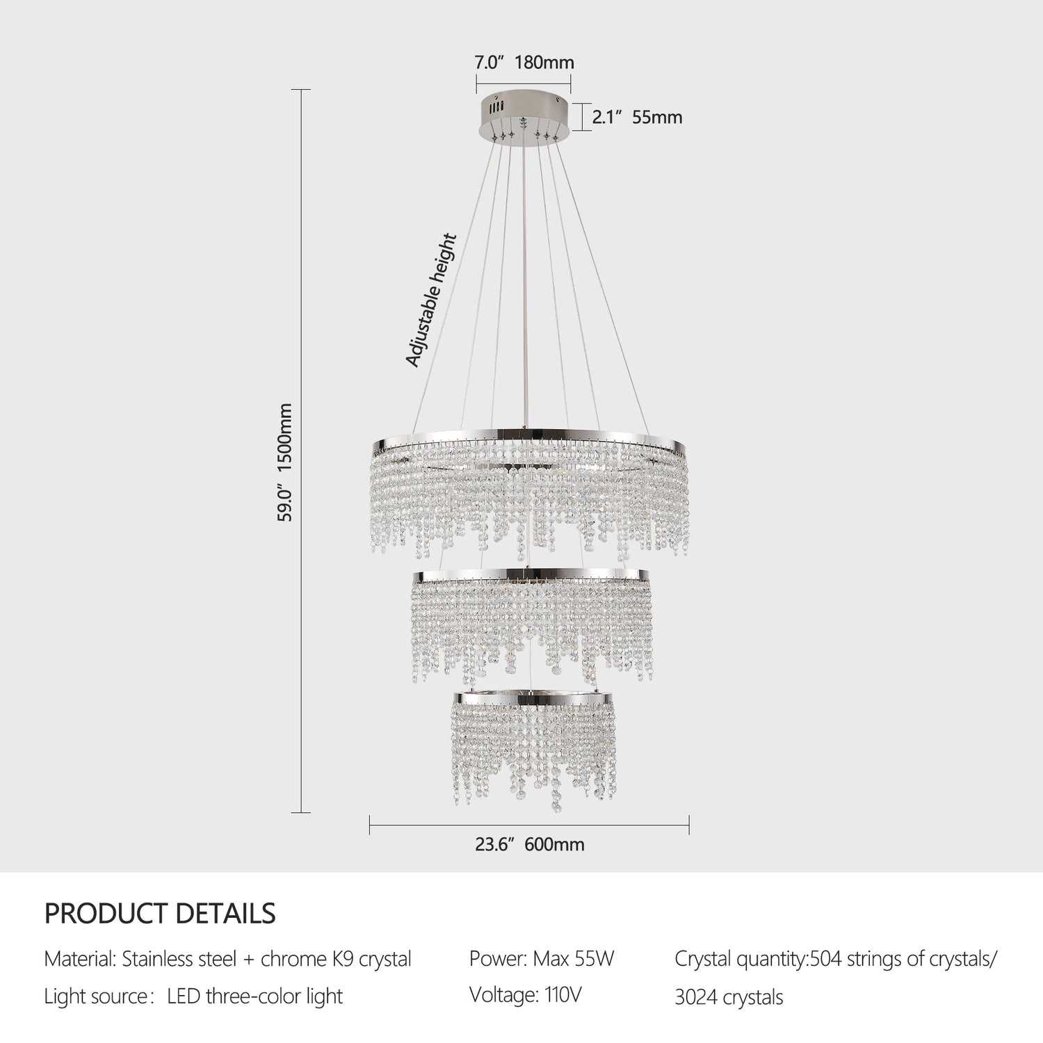 23.6-inch Crystal Chandelier, Dimmable Led Ceiling Lamp, Adjustable Color Temperature 3000K/4000K/6000K, Height Adjustable, Luxury Round Chandelier, Suitable for Living Room, Dining Room, Bedroom