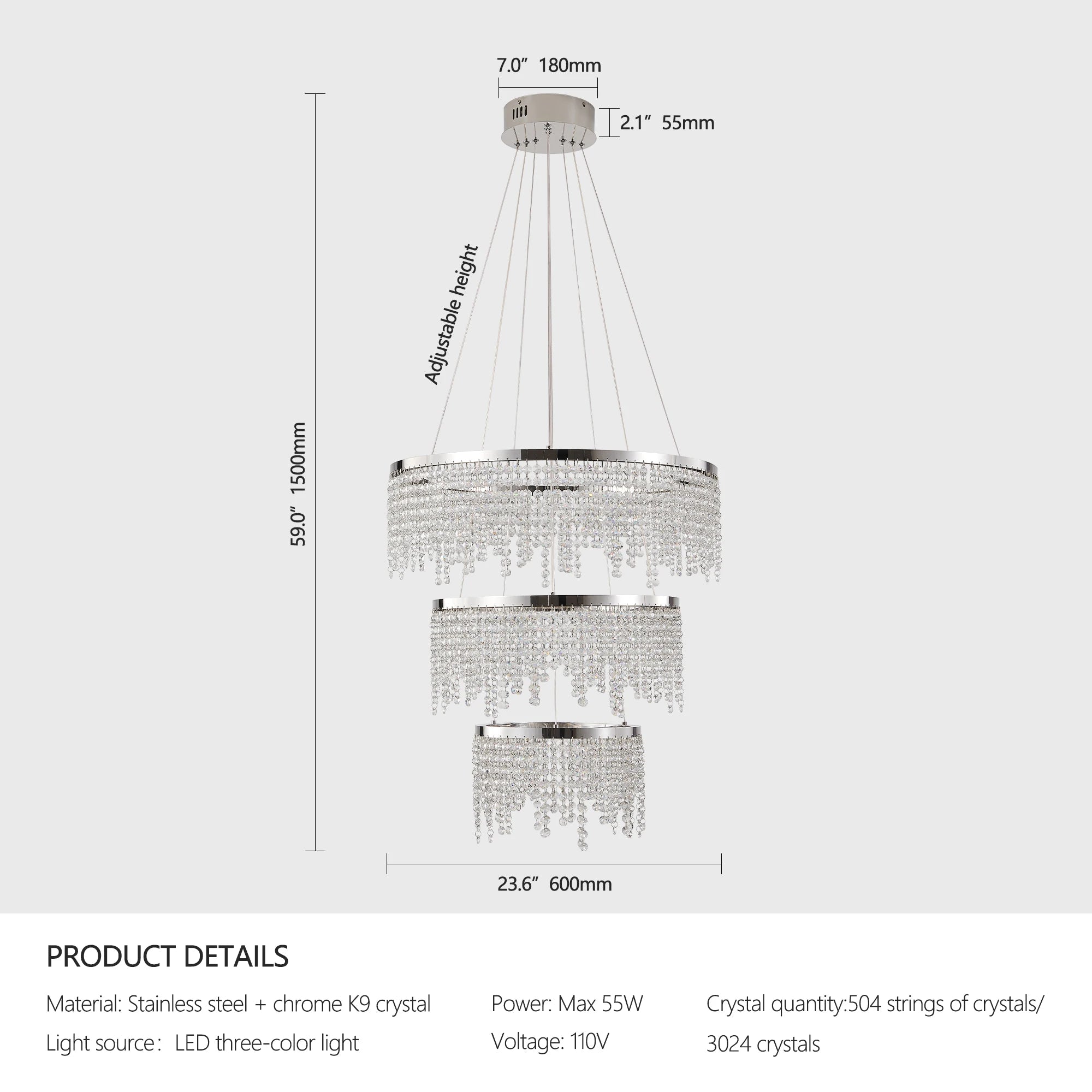 23.6-inch Crystal Chandelier, Dimmable Led Ceiling Lamp, Adjustable Color Temperature 3000K/4000K/6000K, Height Adjustable, Luxury Round Chandelier, Suitable for Living Room, Dining Room, Bedroom