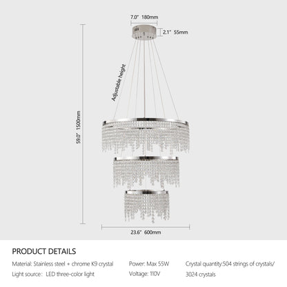 23.6-inch Crystal Chandelier, Dimmable Led Ceiling Lamp, Adjustable Color Temperature 3000K/4000K/6000K, Height Adjustable, Luxury Round Chandelier, Suitable for Living Room, Dining Room, Bedroom