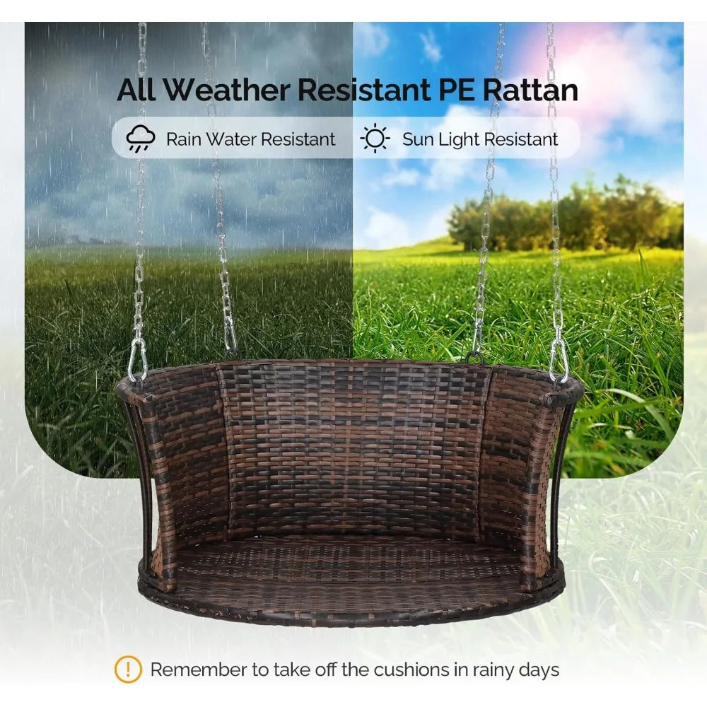 2.4 FT 1-Person Use Round Rattan Porch Swing Outdoor Support 440 LBS with Cushions & Adjustable Chains, Patio Wicker Swing Benc