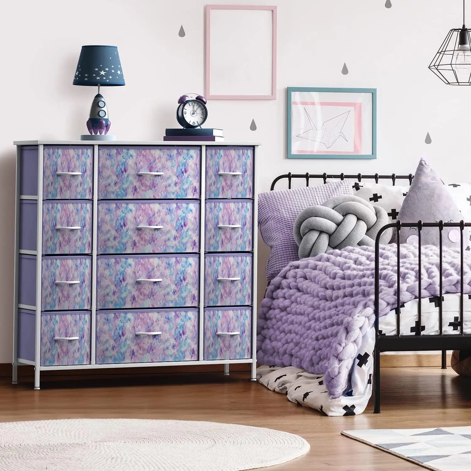 Kids Dresser with 12 Drawers - Chest Organizer Unit with Steel Frame Wood Top &amp; Handle, Fabric Bins for Clothes - Large Furnitur