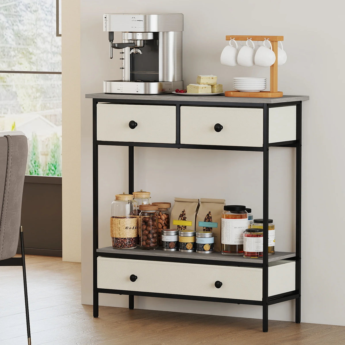 HOMASIS Farmhouse Console Table With Fabric Drawers And Open Shelf