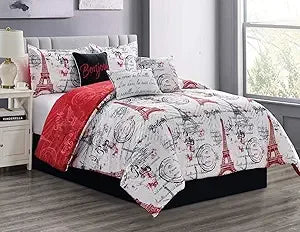 Queen Size Paris Comforter Set in a Bag - 7 Piece Paris Bedroom Comforter Set with Shams, Bedskirt Cushions, Eiffel Tower Beddi