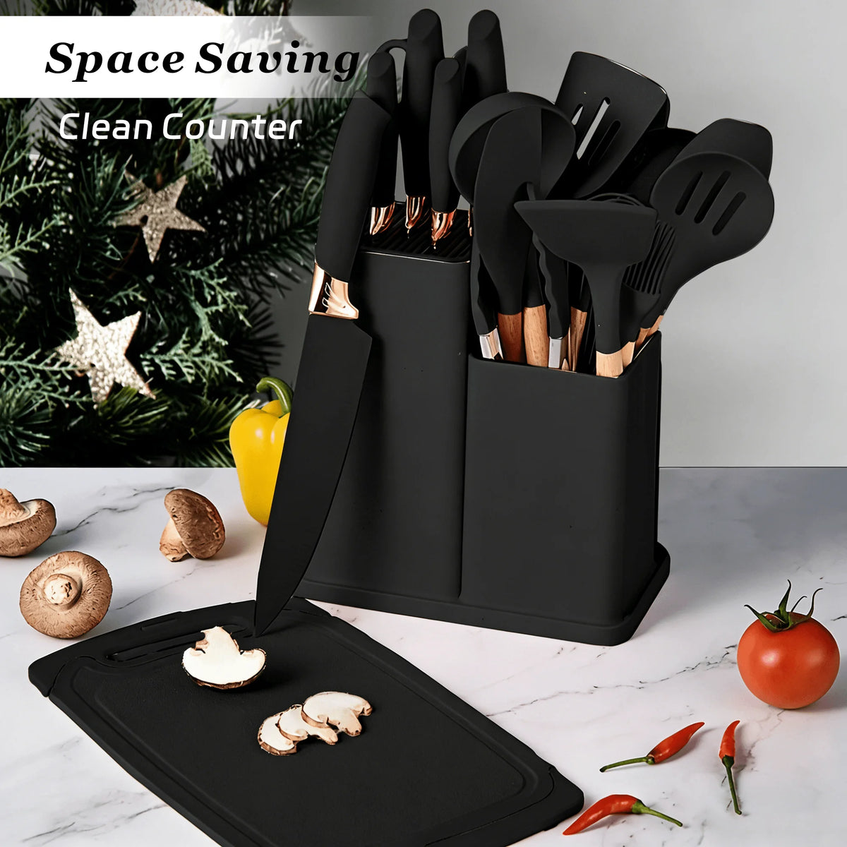 19PCS Silicone Kitchen Utensils Set with Wooden Handle Heat Resistant Nonstick Cooking Tools with Knife Set &amp; Utensil Holder