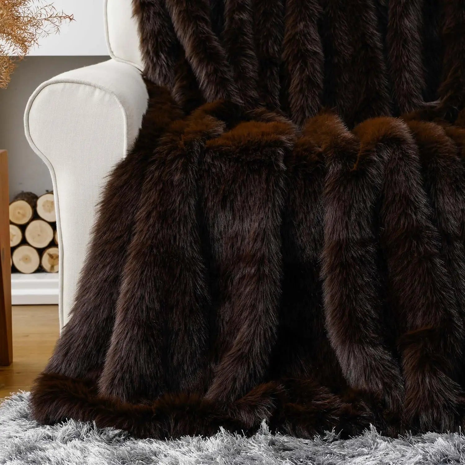Luxury Brown Faux Fur Throw Blanket, Large Soft Warm Cozy Fuzzy Fluffy for Bed Home Decor King Size 60x80