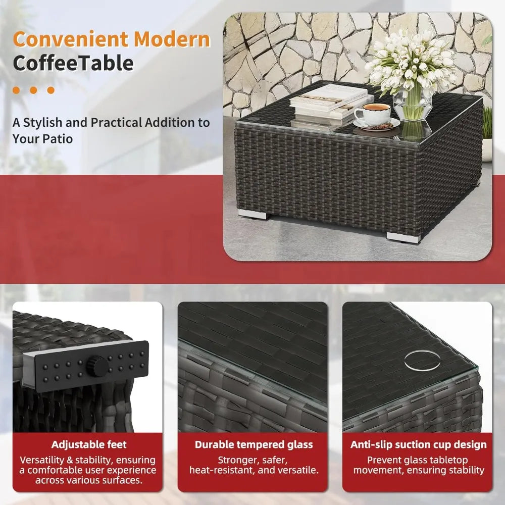 7-Piece Outdoor Patio Furniture Sofa Set Black Rattan Wicker Sectional Conversation Sets with Glass Top Table and Cushions(Red)