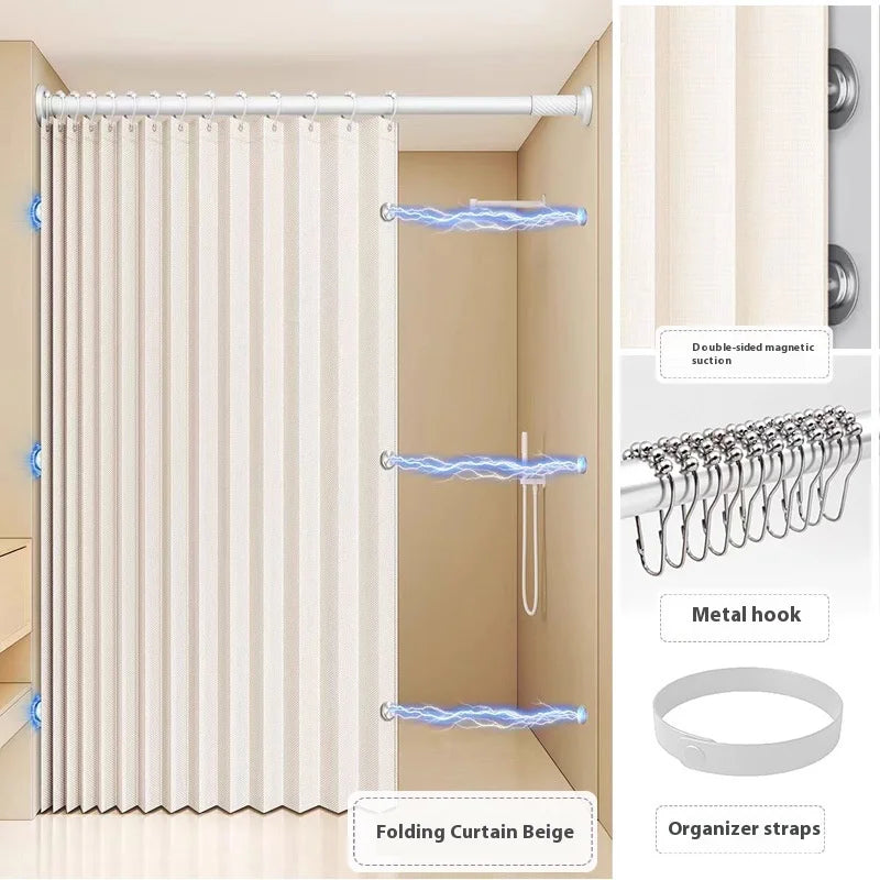 Folding Linen Shower Curtains for Bathroom with Magnets, Privacy Accordion Door Shower Curtain Waterproof with Punch-Free