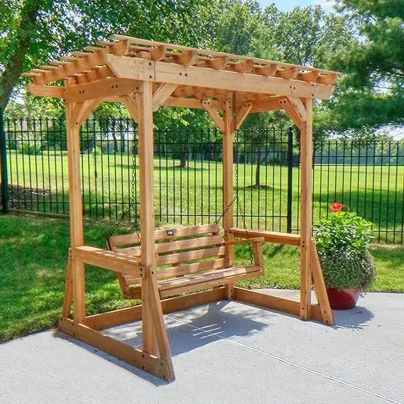 Backyard 8' x 5' Cedar Wood Outdoor Patio Pergola Swing Bench with Trellis, Two-Person Seating, Chains, Water