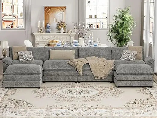 Sectional Modular Sofa U Shaped Chenille Fabric Couch with High Supportive &amp; Soft Sponges and Removable Ottoman, Sleeper Comfy