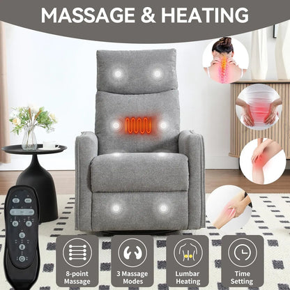 Heat Massage Manual Recliner Chair with Rocker &amp; 360° Swivel, Fabric Upholstered Reclining Armchair with Lumbar, Customized