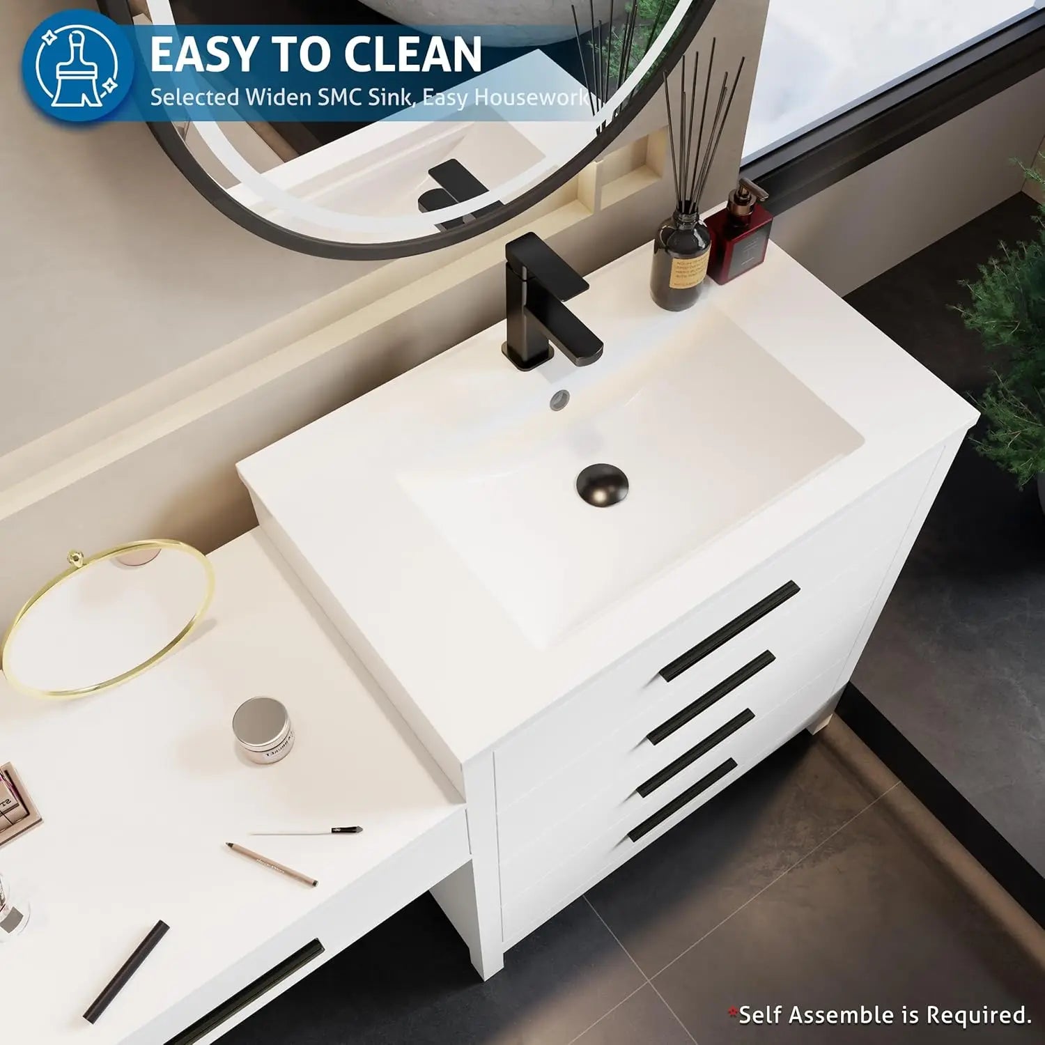 84" Modern Bathroom Vanity Sink Combo with 24" Makeup Desk 30" Dual Basins Faucets Drains White Customized