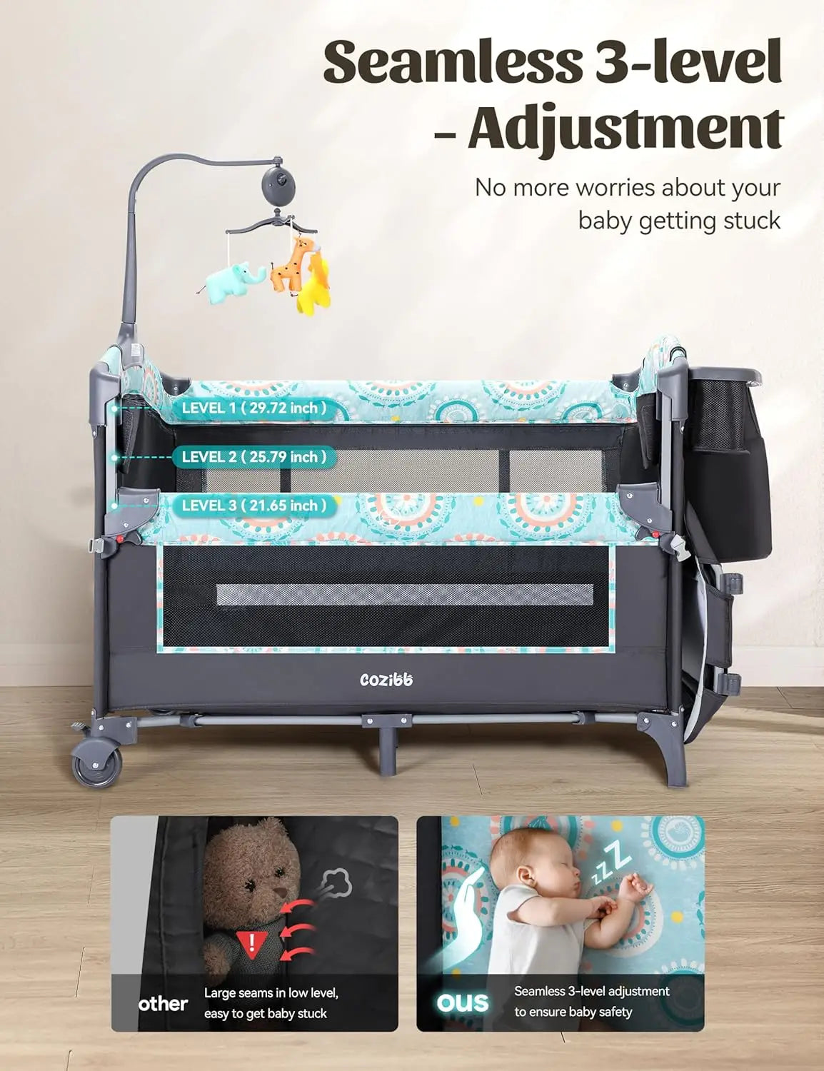 5-in-1 Bedside Baby Bassinet Detachable Changing Table Mattress Storage Music 3 Height Portable Playard Newborn, Customized