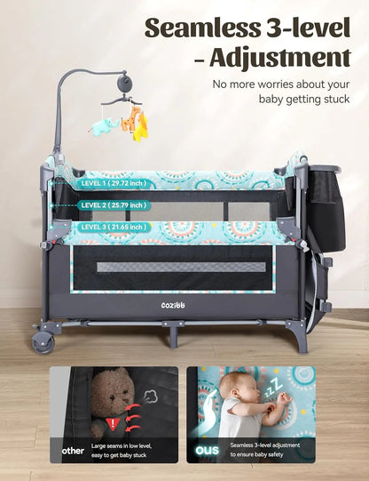 5-in-1 Bedside Baby Bassinet Detachable Changing Table Mattress Storage Music 3 Height Portable Playard Newborn, Customized