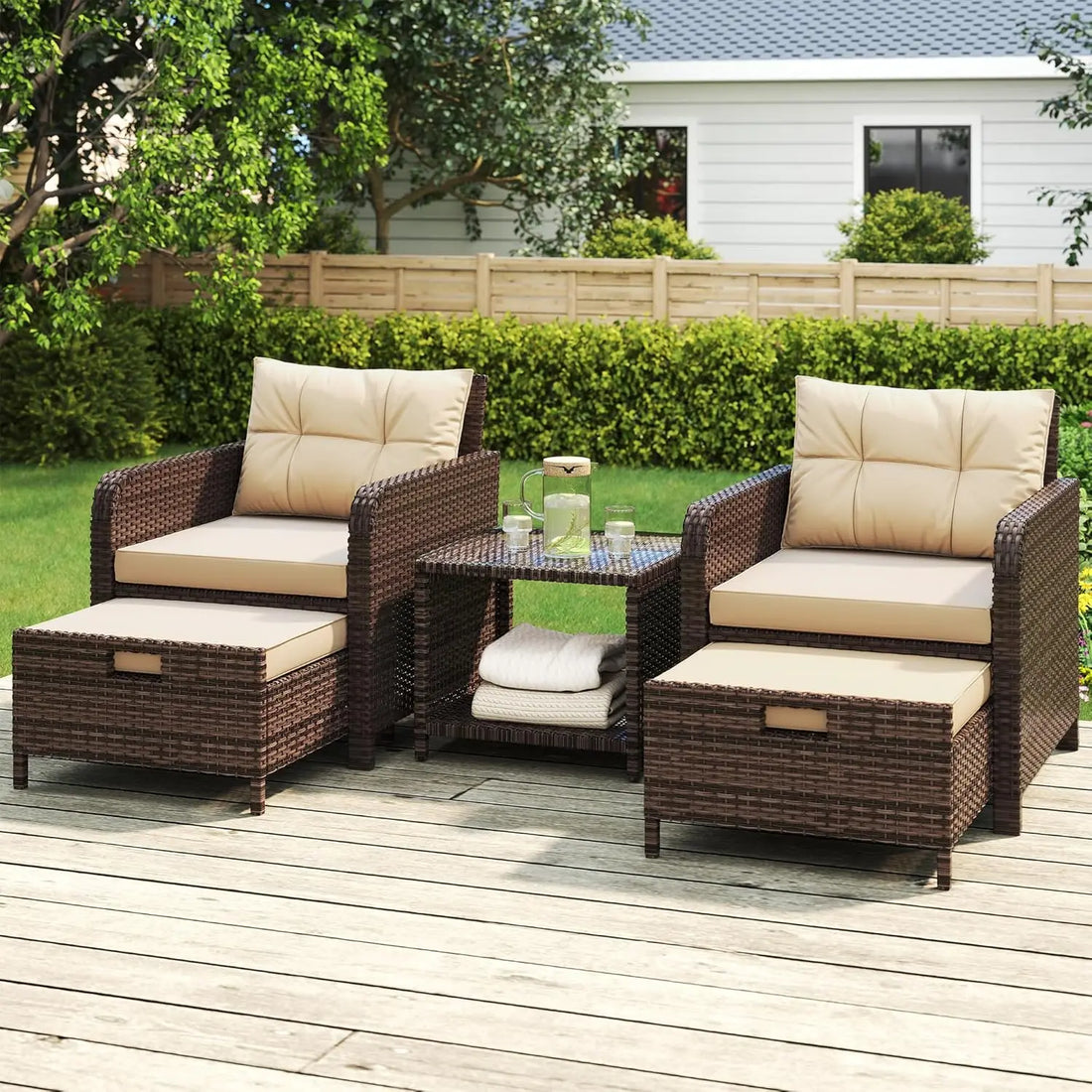 5 Piece PE Outdoor Furniture Set Soft Cushions Coffee Table Hidden Ottoman Porch Lawn Garden Balcony, Customized