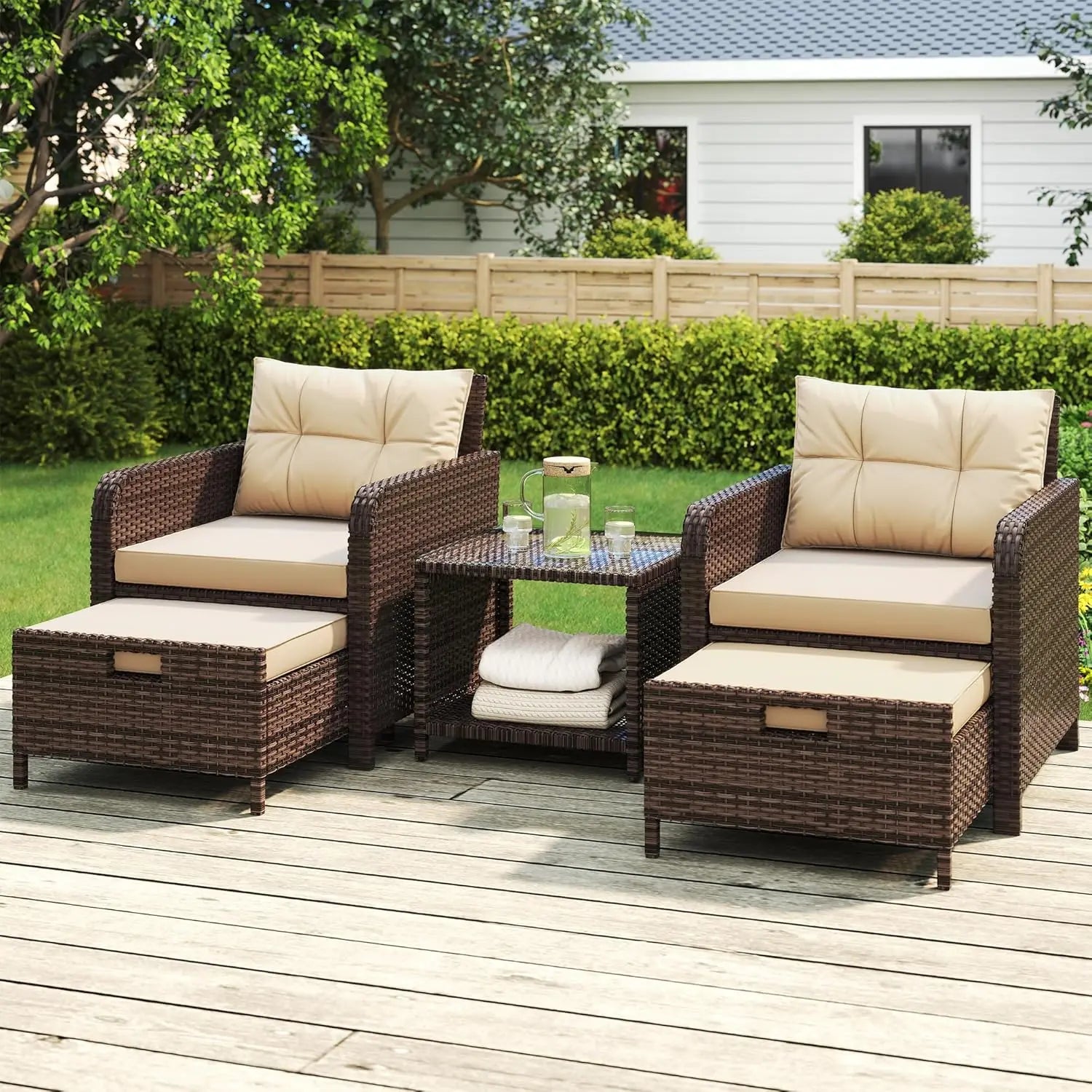5 Piece PE Outdoor Furniture Set Soft Cushions Coffee Table Hidden Ottoman Porch Lawn Garden Balcony, Customized