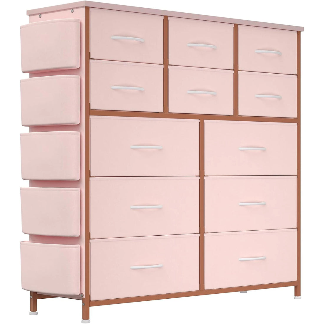 12 Dresser for Bedroom, Chest of Drawers with Side Pockets and Hooks Fabric Storage Dresser, Sturdy Steel Frame,Easy Pull Handle