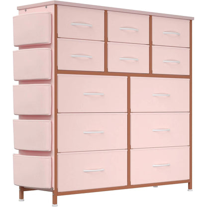 12 Dresser for Bedroom, Chest of Drawers with Side Pockets and Hooks Fabric Storage Dresser, Sturdy Steel Frame,Easy Pull Handle