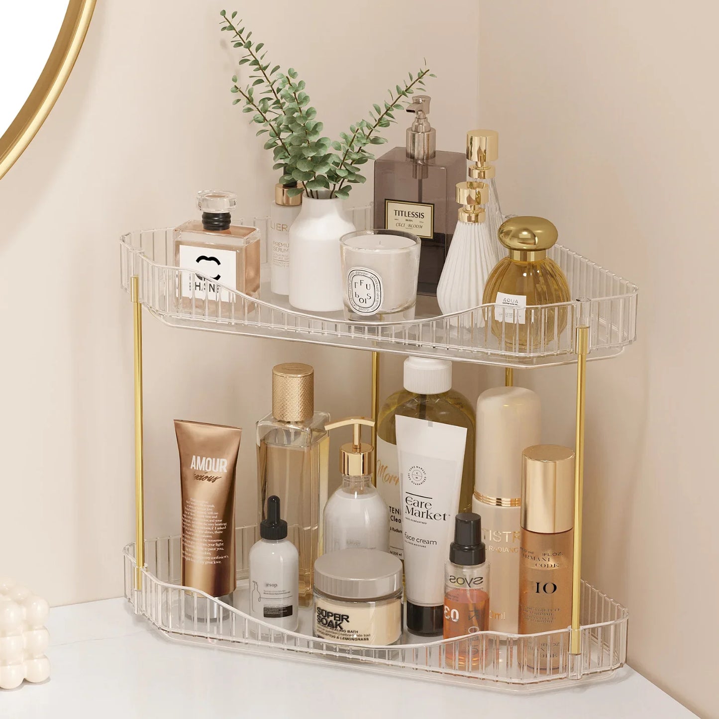 High-concerned Corner Bathroom Organizer Plastic Countertop Tray