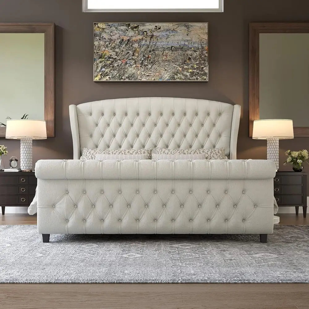 AMERLIE King Size Platorm Bed e, Chenille Upholstered Sleigh Bed with Scroll Wingback board &amp; ootboard/Button Tuted/No Box Sprin