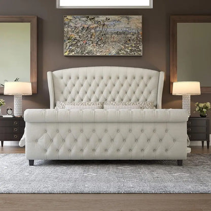 AMERLIE King Size Platorm Bed e, Chenille Upholstered Sleigh Bed with Scroll Wingback board &amp; ootboard/Button Tuted/No Box Sprin