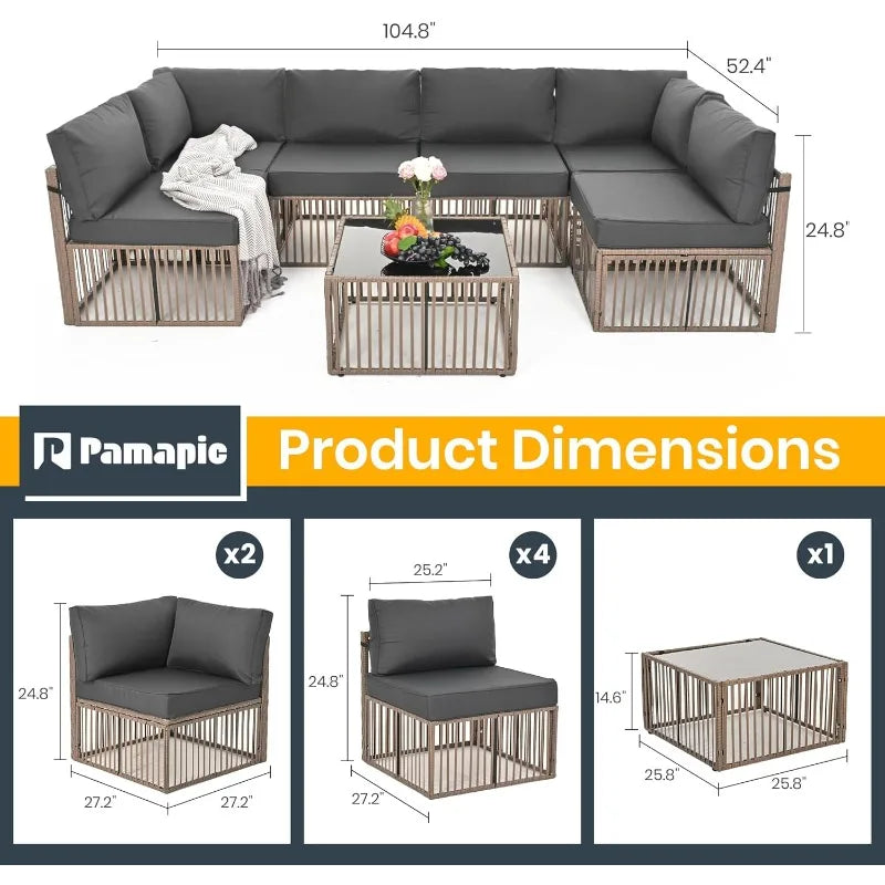 7-Piece Outdoor Sectional Sofa Set, All-Weather PE Rattan Patio Furniture with Washable Cushions Covers, Gray Cushions a