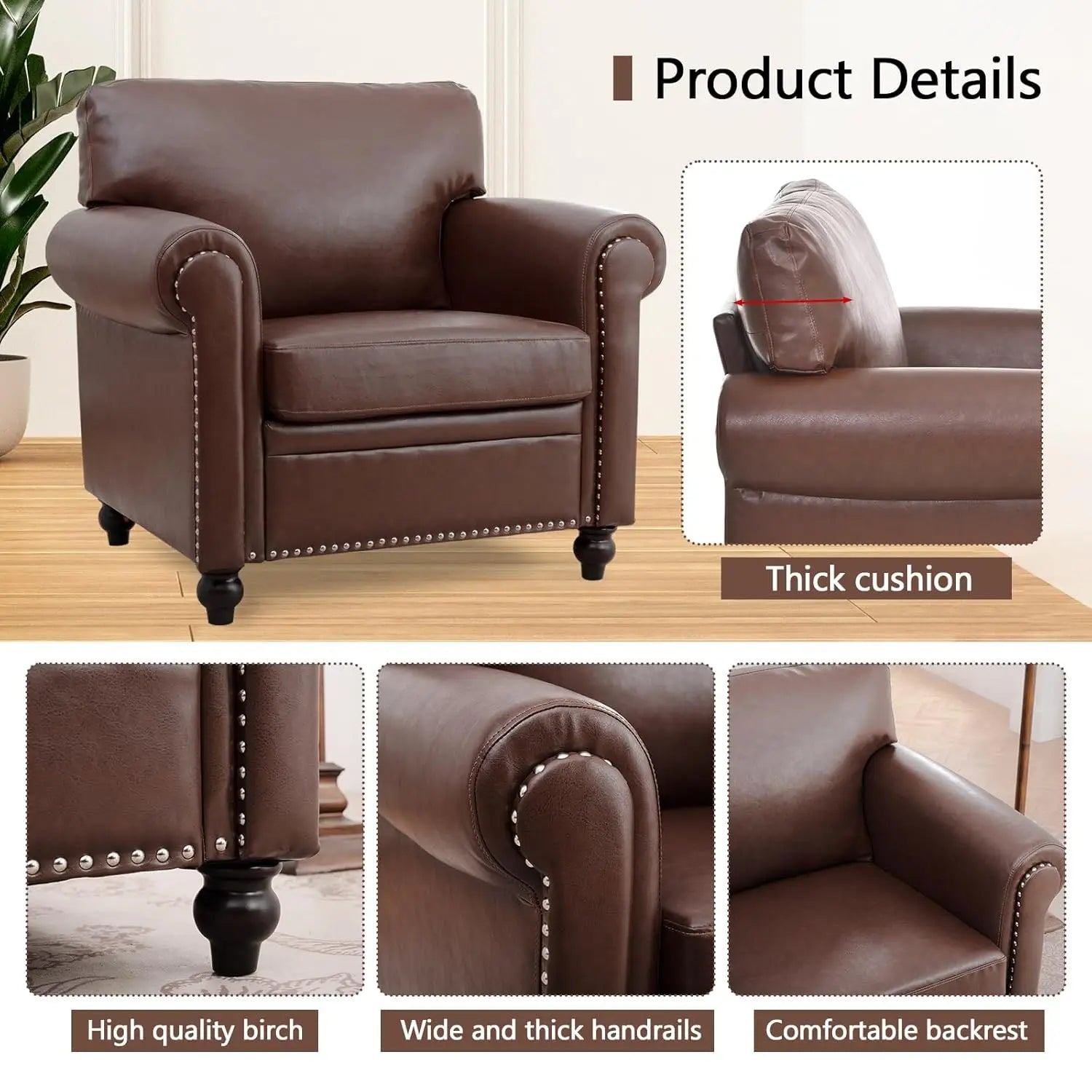 Brown Faux Leather Chair，Mid Century Modern Accent Chair Set for Office Bedroom Living Room with Deep Seats Detachable Cushions