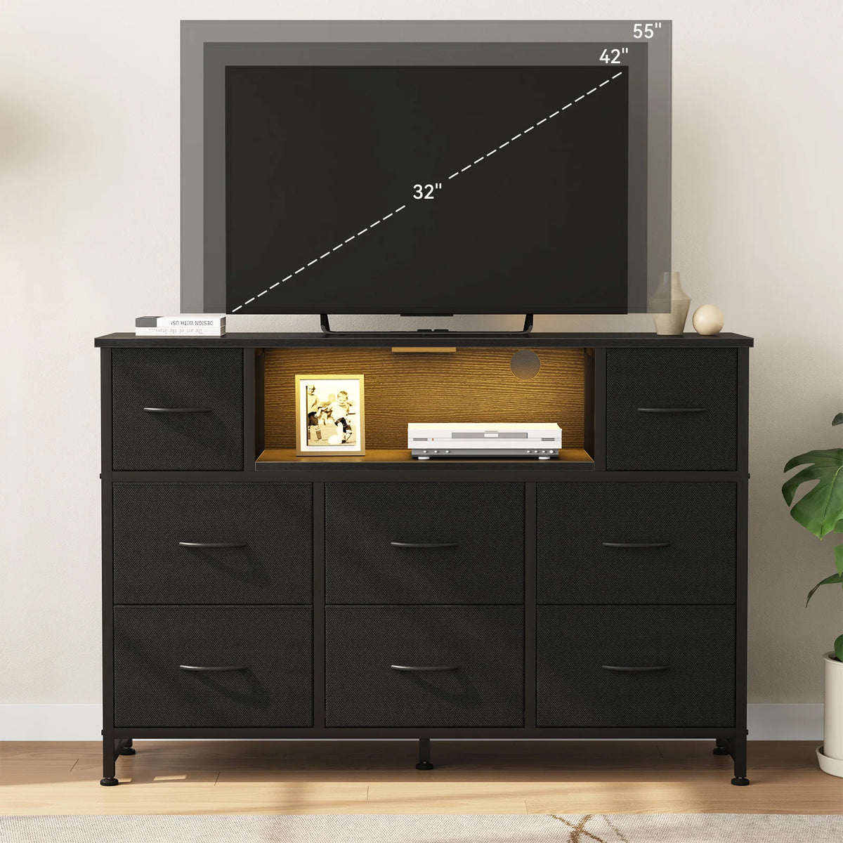 JHK LED TV Stand with Fabric Drawers and Charging Station
