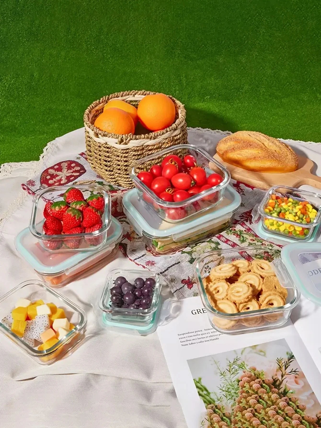 8pcs/blue glass meal prep container set, suitable for microwave, oven, fruit snacks, leftovers, kitchen freshness and storage