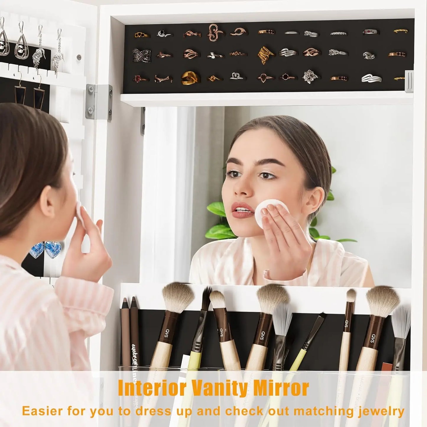 360° Swivel Mirror Jewelry Cabinet, Full Length Mirror with Standing Jewelry Armoire Organizer With Drawer and Wheels White