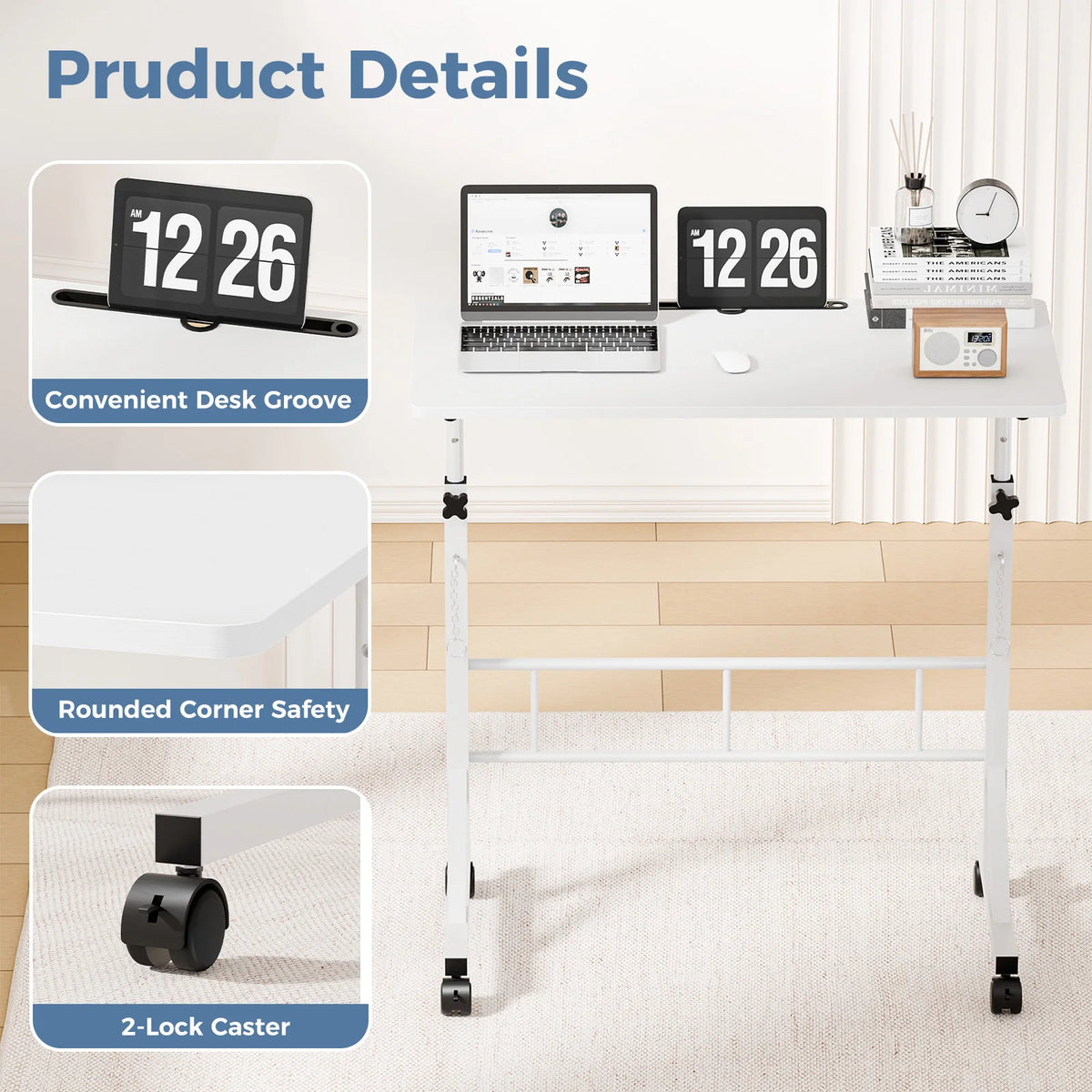 JHK Adjustable Mobile Desk With Locking Wheels For Home Office