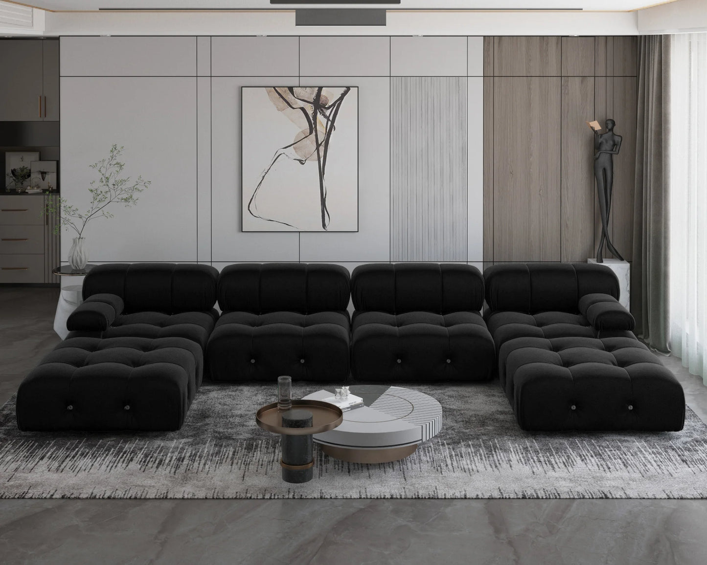 Minimalist Velvet Sectional Sofa with Modular Ottomans for Living Room