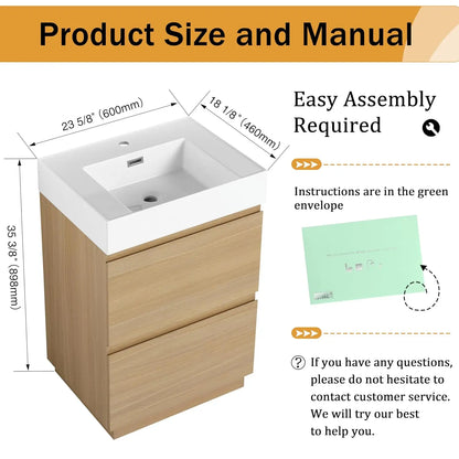24 Inch Freestanding Bathroom Vanity with Resin Sink, Double Drawer Soft Close Storage Cabinet Basin Top Combo,, Customized
