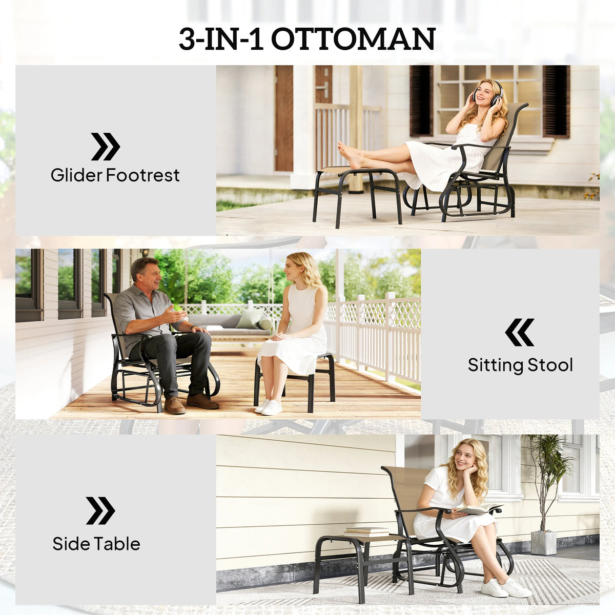 Outdoor Glider with Ottoman, High Back Patio Glider Set, Gray