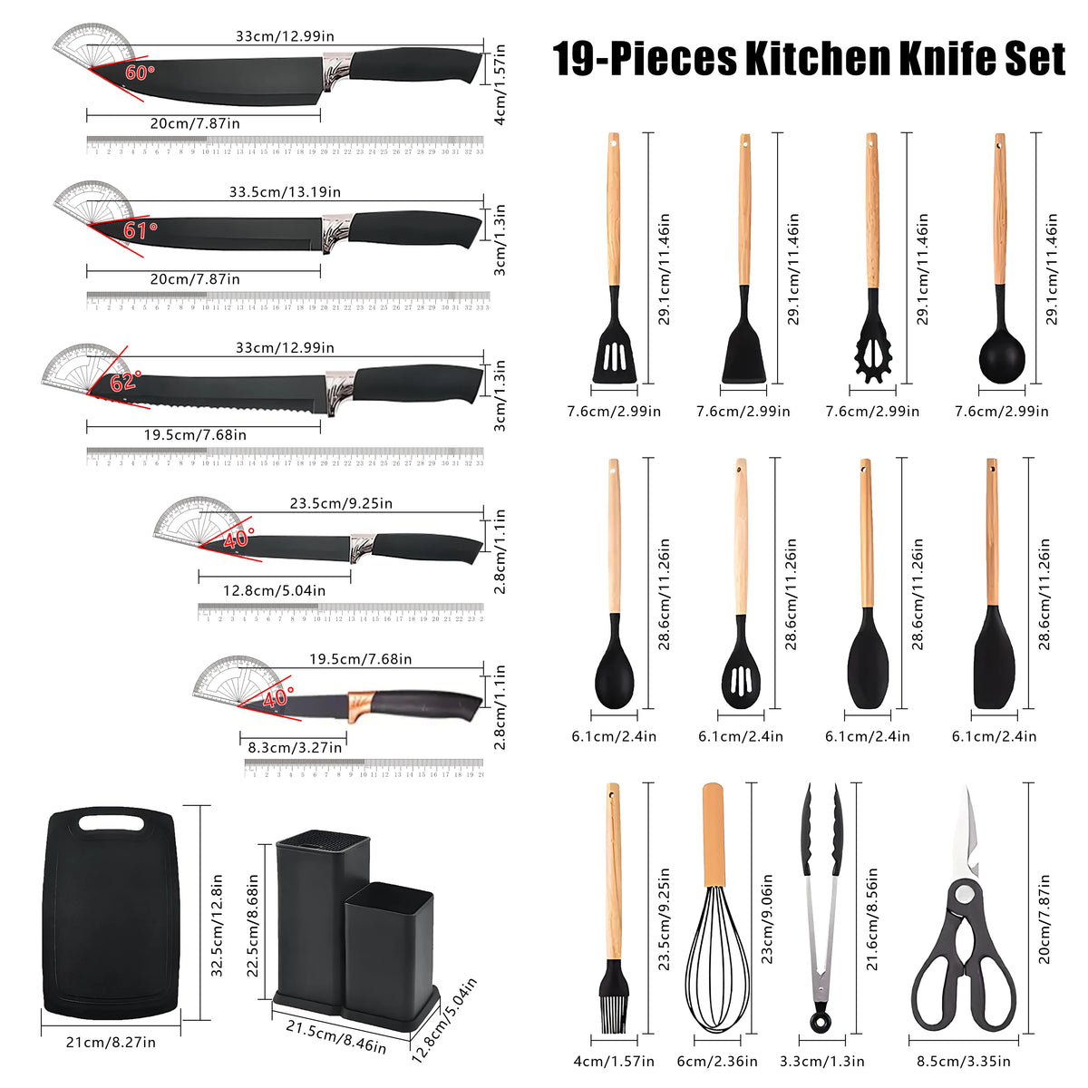 19PCS Silicone Kitchen Utensils Set with Wooden Handle Heat Resistant Nonstick Cooking Tools with Knife Set &amp; Utensil Holder