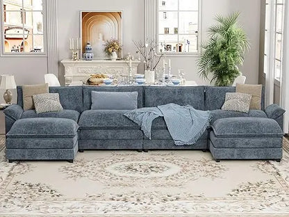 Sectional Modular Sofa U Shaped Chenille Fabric Couch with High Supportive &amp; Soft Sponges and Removable Ottoman, Sleeper Comfy