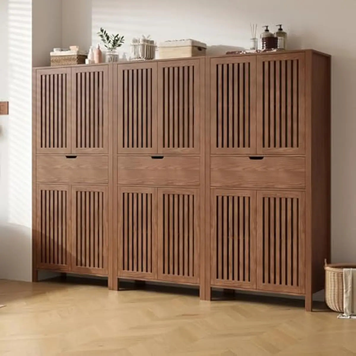 Set of 2 Warm Brown Farmhouse Storage Units – 68.8 Inch Tall with Grille-Front Doors, Adjustable Shelves, Deep Drawer, Elevated