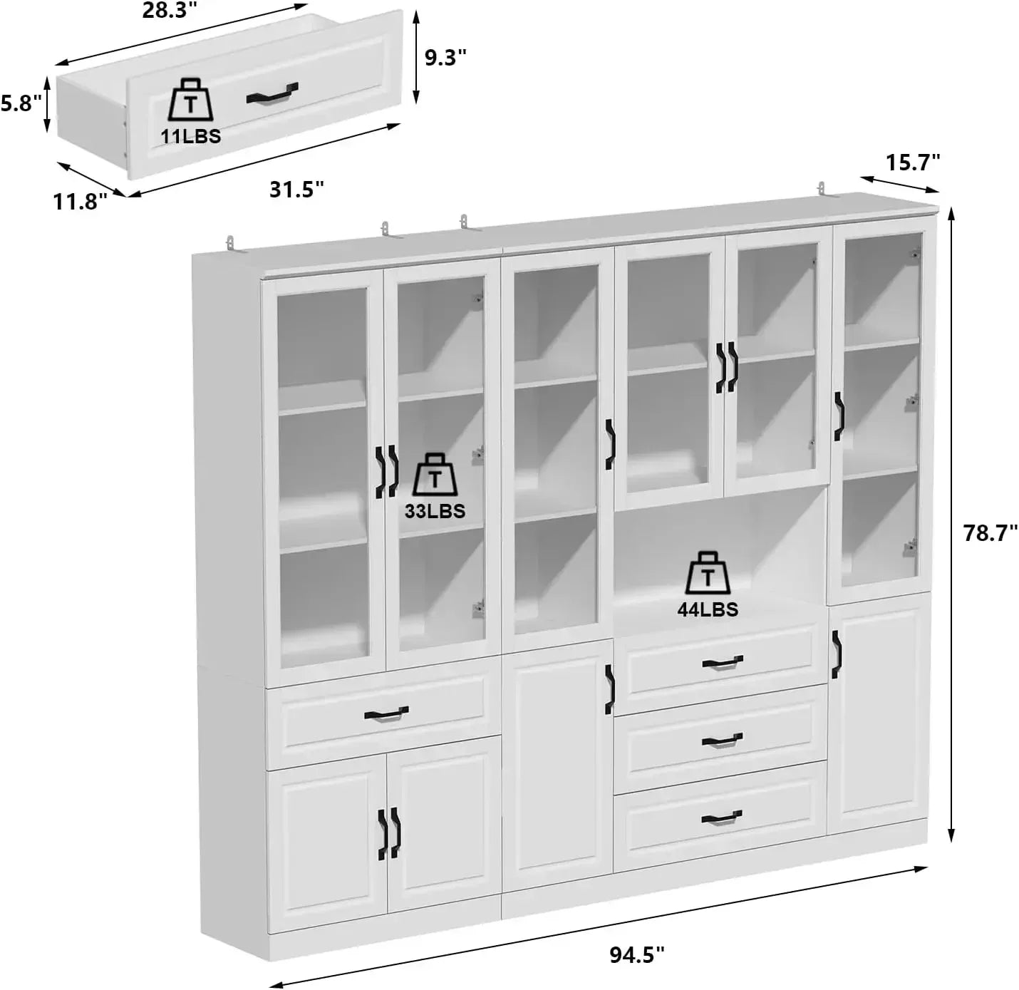 Customizable-Tall Bookshelf With Glass Doors & Drawers, 2 Piece Large Storage Cabinet Set, Home Office Bookcase With Doors, Glas