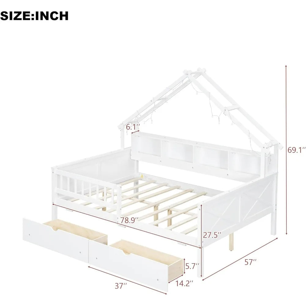 Full-Size House Platform Bed with LED Lights, Storage Shelves, Drawers, and Guardrail - Sturdy Pine Wood and MDF Frame