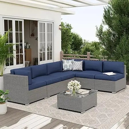 7-Piece Outdoor Patio Furniture Sofa Set Black Rattan Wicker Sectional Conversation Sets with Glass Top Table and Cushions(Red)