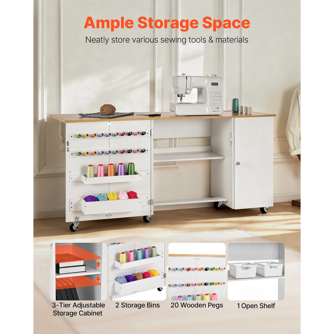 SucceBuy Folding Sewing Table With Cabinet And Charging Station For Home