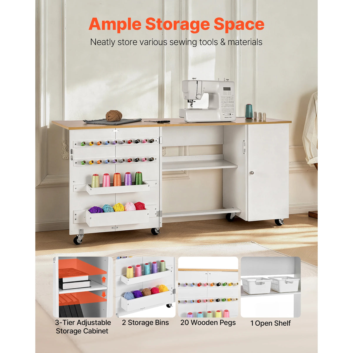 SucceBuy Folding Sewing Table With Cabinet And Charging Station For Home